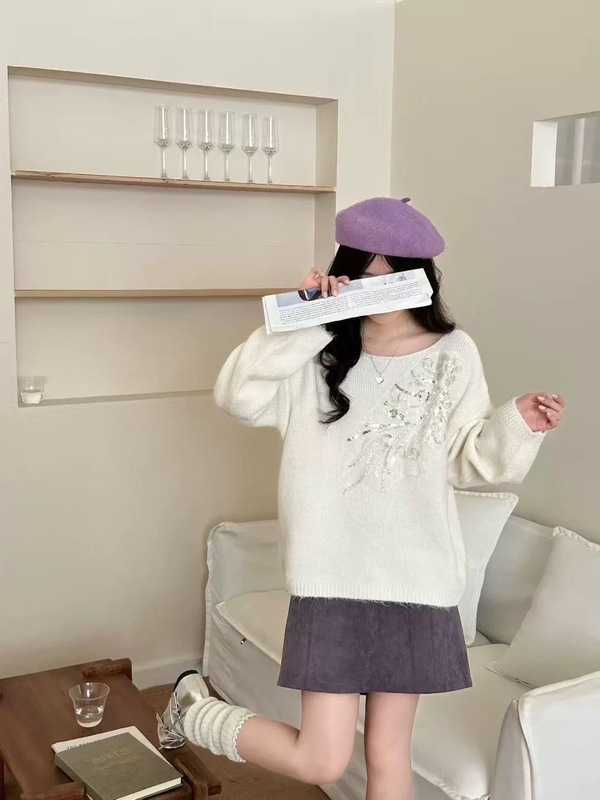 重工钉珠亮片套头毛衣女2025秋冬新款韩系宽松百搭圆领针织衫上衣|undefined