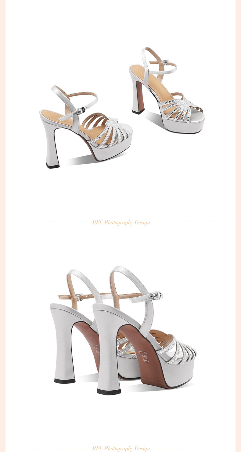 Sandal cao gót nữ hở mũi đính đá, gót vuông platform, da thật — Champagne màu chi tiết 14
