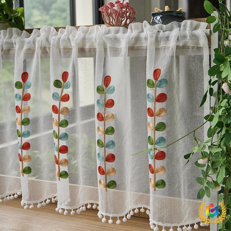 ⌘ New Multi-Color 3D Leaf Embroidery Window Curtain, Japanese-Style Versatile Cotton and Linen Embroidered Sheer Curtain in Coffee Color