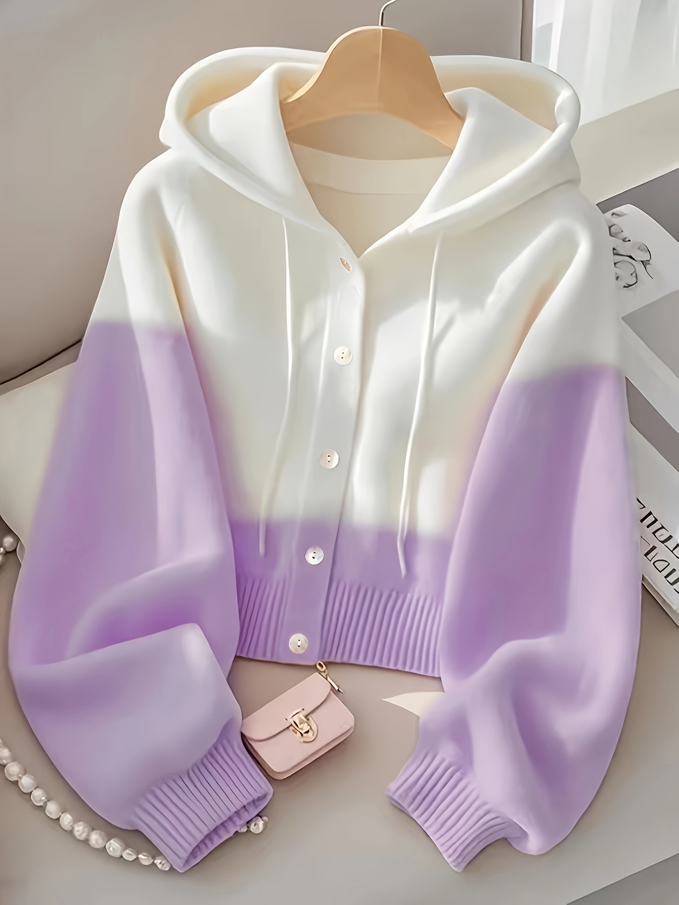 Fuchsia knitted sweater with hood, high-quality style 3