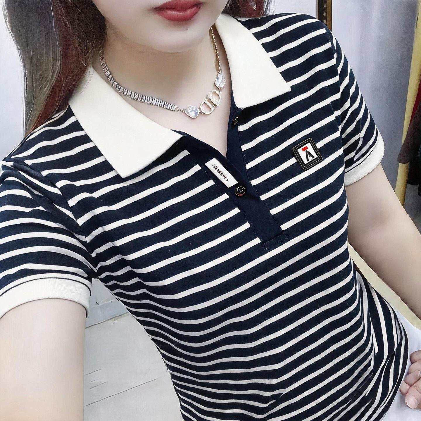 2026 Women's Breathable New Striped Summer Polo Top, Plus Size, Short-Sleeve Sports Top