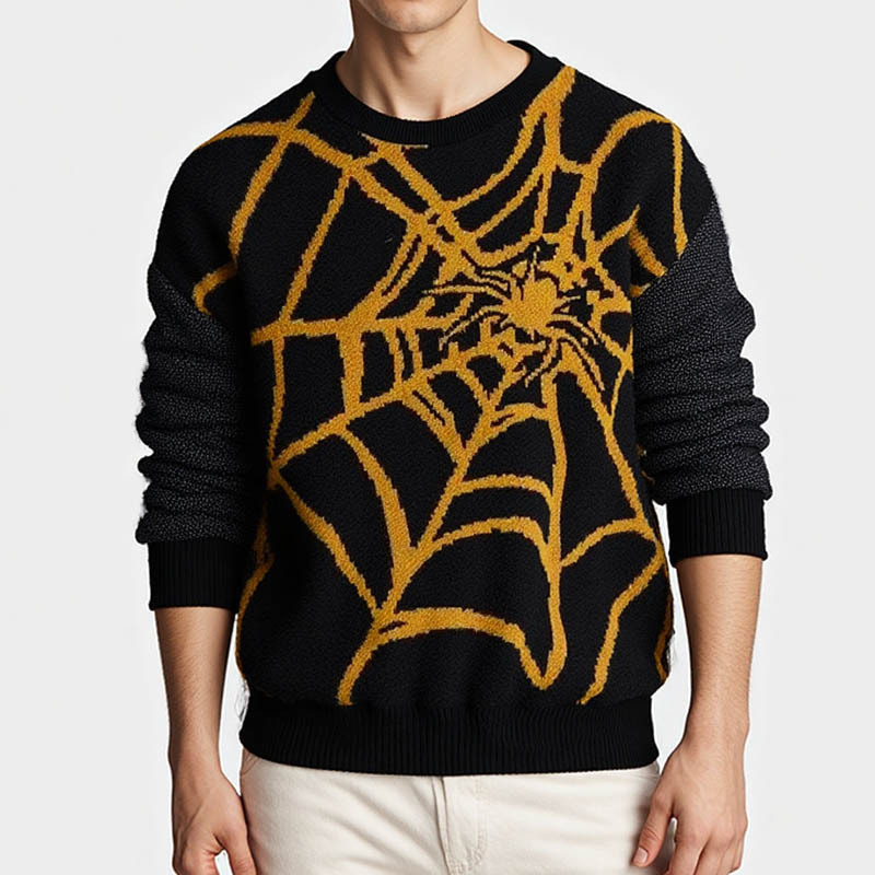 Cross-Border Fashion Men's New Autumn Round Neck Sweater American Retro Spider Web Pattern Jacquard Knitted Bottoming Shirt