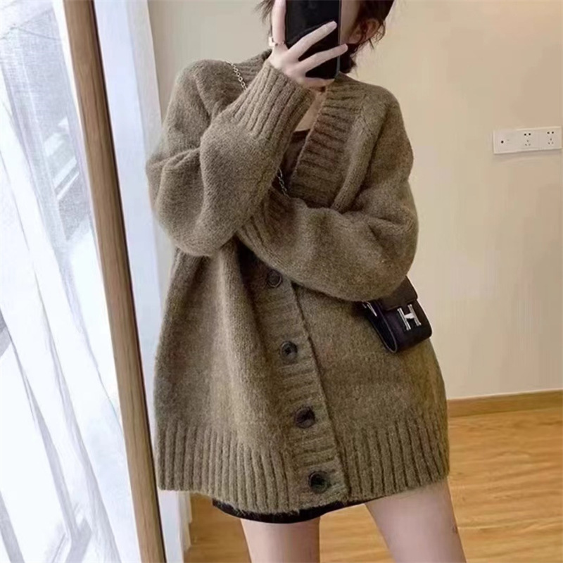 khaki Thick Needle Sweater Coat Women's Autumn and Winter Loose Lazy Style Slim Knitted Cardigan Outer Rim Sweater Top