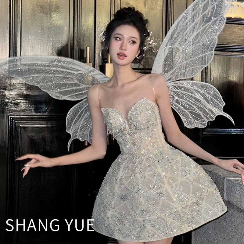 Vestido sin tirantes estilo hada, vestido plateado de cintura alta, elegante vestido de fiesta de cumpleaños estilo socialité para reunión anual