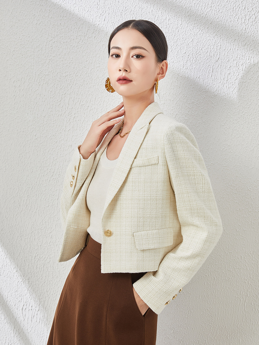 Áo blazer len ngắn nữ thiết kế độc đáo, phong cách mùa thu — Màu be