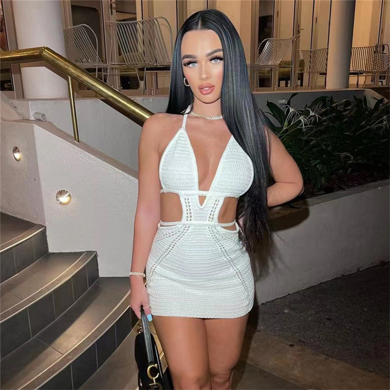European and American Style 2023 Summer New Women's Fashion Neck Hanging Sexy Backless Hollow Slim-Fit Hip Knitted Dress