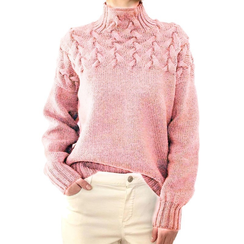 Maglione a maniche lunghe con collo alto e dettagli in maglia a trecce alla moda per donna_voghion.com