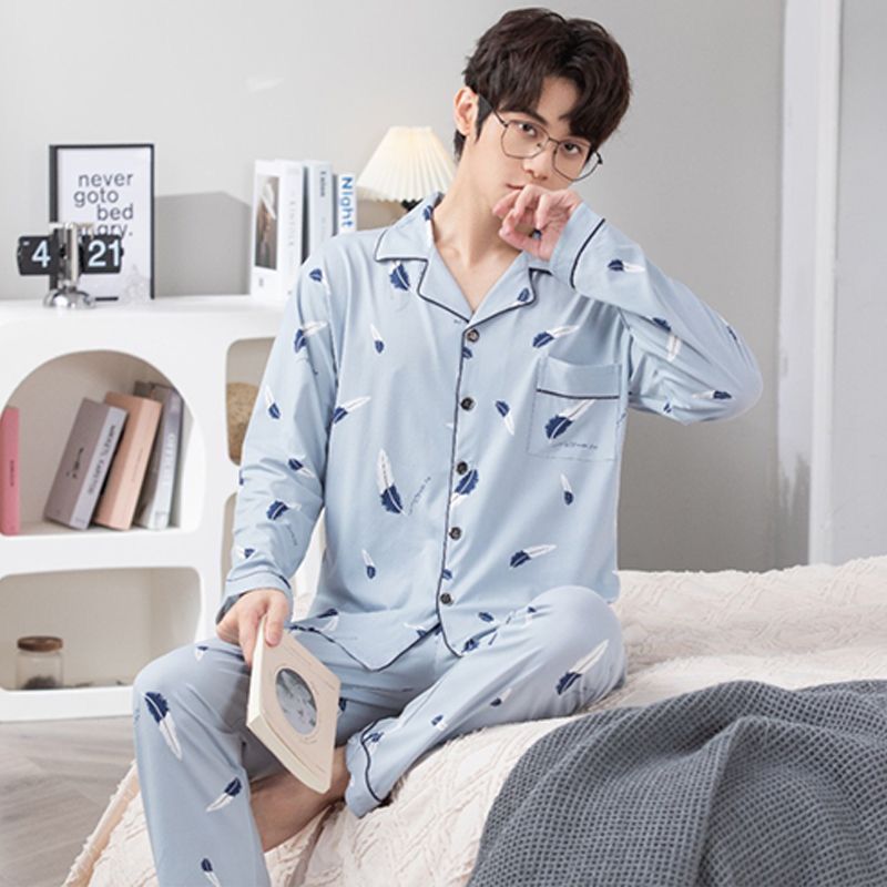 Pijamas de algodón de los hombres de primavera y verano Pantalones delgados de manga corta cardigan niños pueden usar fuera más tamaño homewear de verano