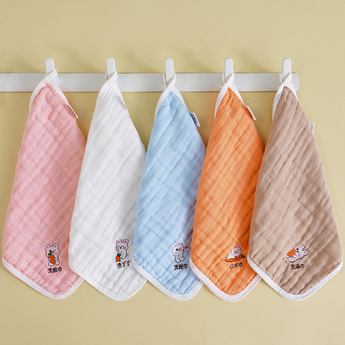 Wholesale cartoon tiger embroidered square towel cotton baby baby gauze six-layer saliva towel kindergarten face towel