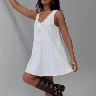 2025 European and American New Spring and Summer Sexy Lace Stitching Bow Vest Doll Shirt dress
