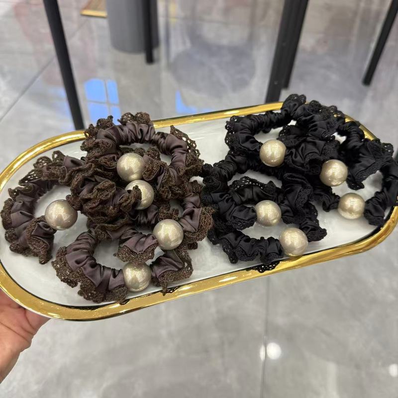 韩式凉爽质感面膜缎蕾丝花边珍珠小肠发圈小香头绳扎马尾发绳发饰|undefined