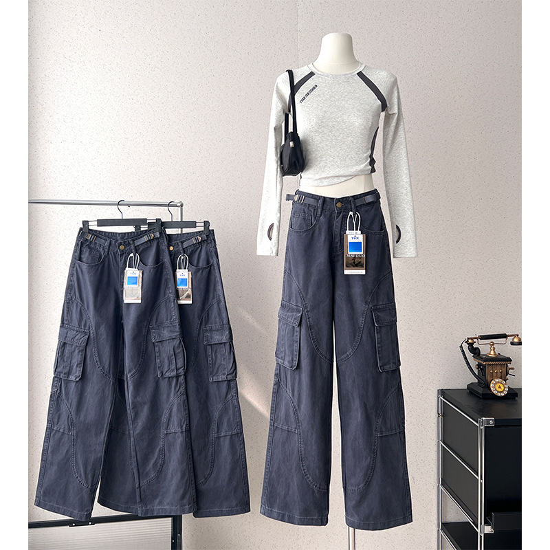 Dark Gray Spring and Autumn Tall Women's American High Street Retro Work Pants, Slimming Drawstring Straight-Leg Casual Pants Dark Gray Spring and Autumn Tall Women's American High Street Retro Work Pants, Slimming Drawstring Straight-Leg Casual Pants