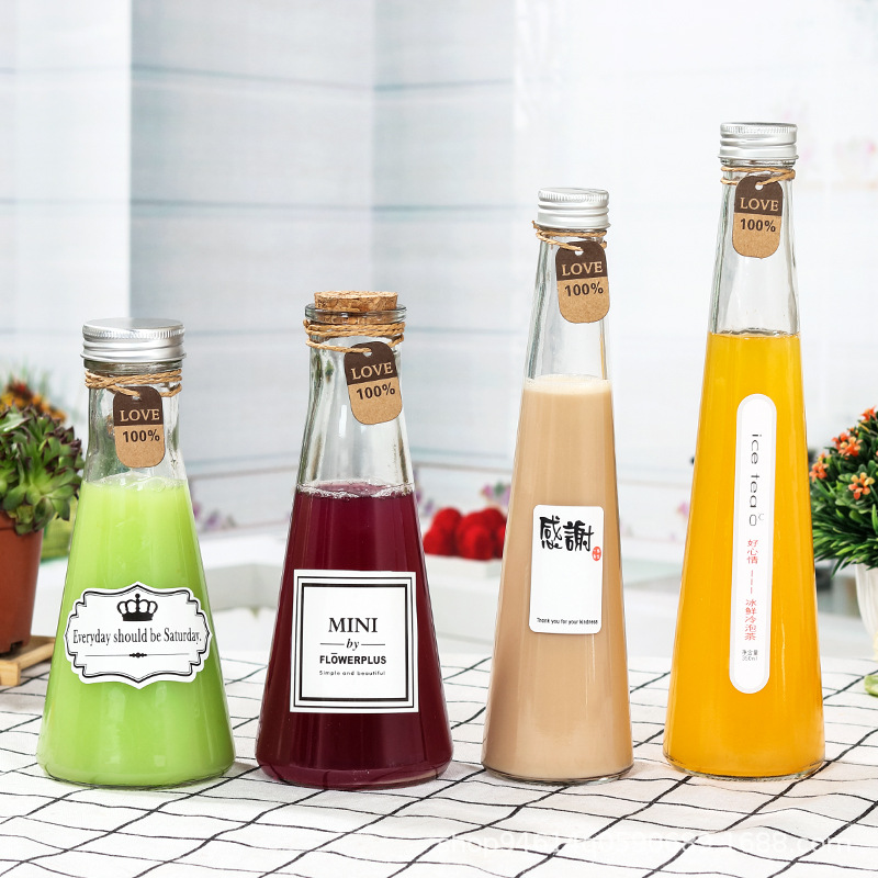 350ml冷泡茶瓶玻璃饮料瓶 奶茶花茶瓶 许愿漂流瓶锥形泡茶瓶现货