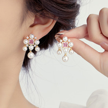新款法式珍珠方块锆石耳环轻奢时尚仙女风耳饰小众设计感流苏耳坠
