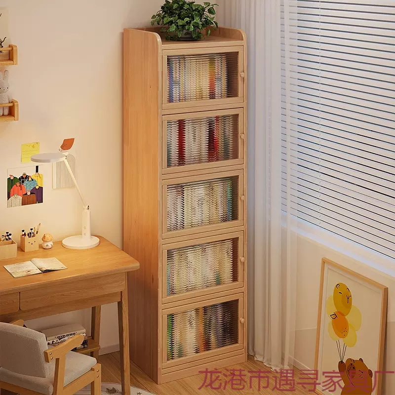 实木书柜转角靠墙收纳柜落地儿童书桌旁置物架防尘带门飘窗窄柜子