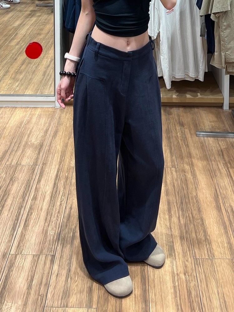 Quần culottes nữ ống rộng cạp cao vải linen phối tơ — Xanh sẫm