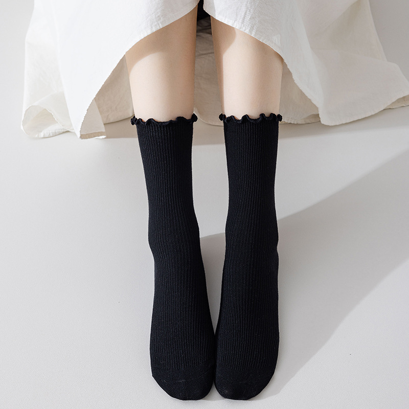 Damen Crew Socken Mit Wellensaum Für Herbst Und Winter Einfarbig_voghion.com