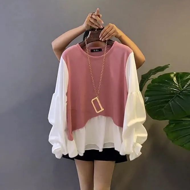 卫衣斤特胖妹妹不规则泡泡袖衬衫拼接假两件上衣大码女装潮妈300|undefined