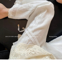 花边刺绣白色仿麻休闲直筒裤女2025夏季新款法式慵懒薄款阔腿裤子