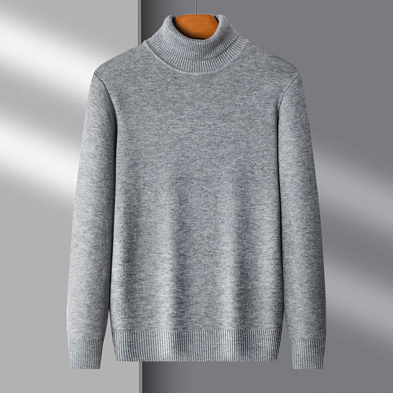 Neuer langärmliger Strickpullover für Männer mittleren Alters und junger Männer im Herbst und Winter mit einfarbigem Plüschpullover mit doppeltem Kragen und einteiliger Plüsch-Slim-Passform_voghion.com