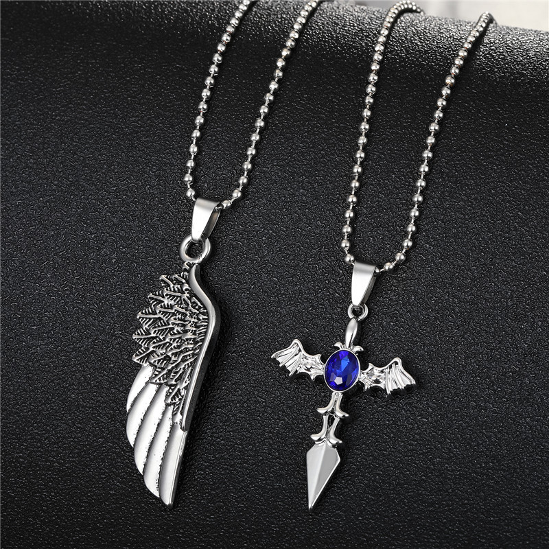 Fashion Blue Diamond Cross Big Wing Alloy Necklace display picture 1