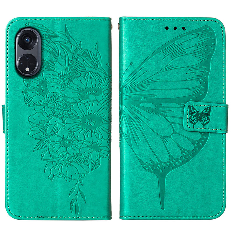 Applicable to OPPO Reno 8T 5G butterfly embossed mobile phone leather case flip card leather case large hand rope protective case