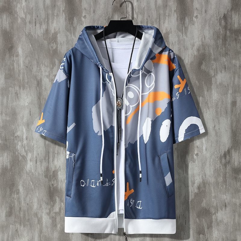Summer Fashion Men's Zipper Hooded Sweater Short-sleeved Jacket Jacket Student Class Clothes Sports Casual Shirt 1/2