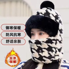 新款珊瑚绒加厚保暖围脖加帽子内衬北极绒更加保暖防寒百搭千鸟格
