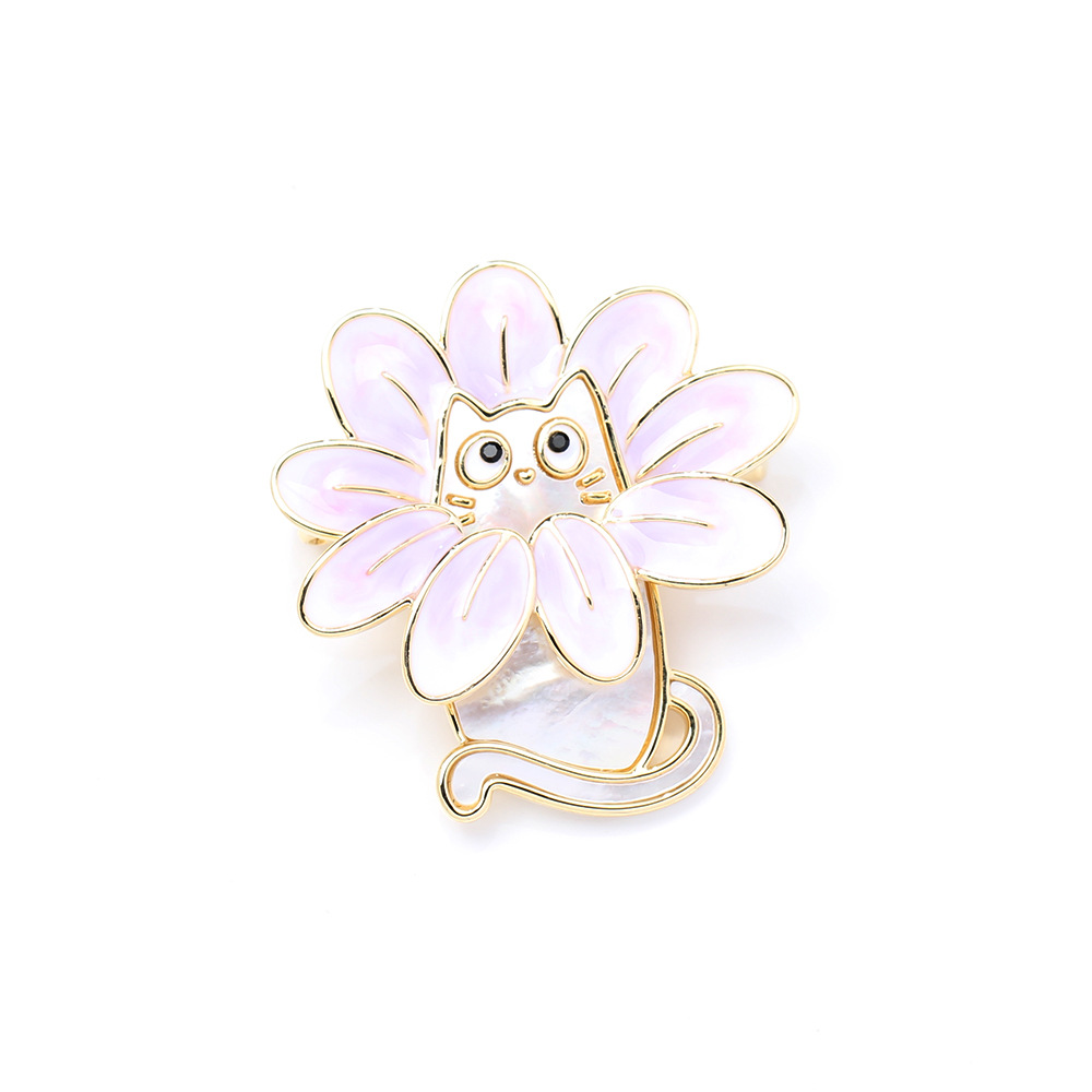 Eco-Friendly Electroplated Purple and Yellow Enamel Shell Cat Brooch, Cute High-End Animal Pet Pin Accessory for Women