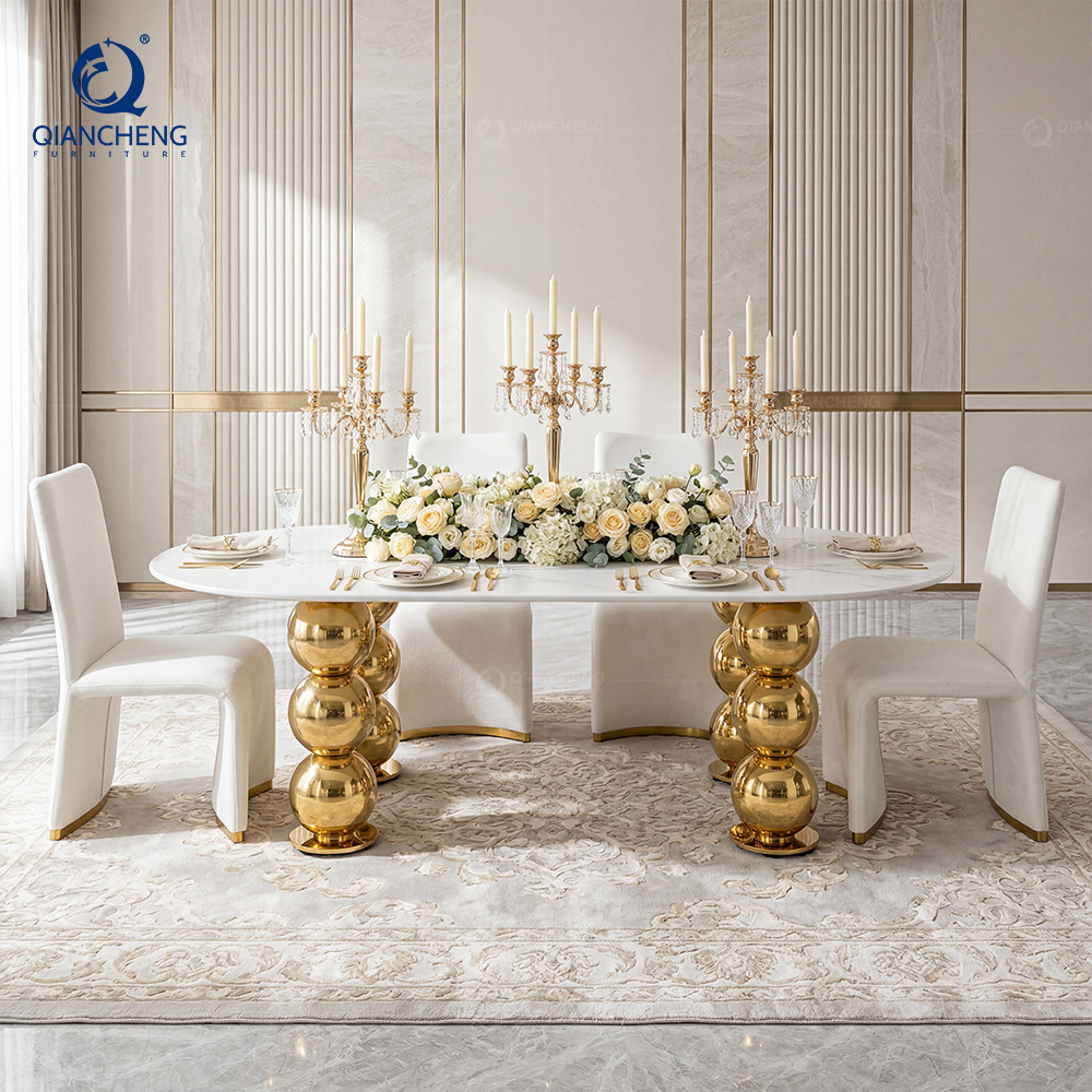 Mesa de Comedor Ovalada de Mármol y Acero Inoxidable para Comedor image 5