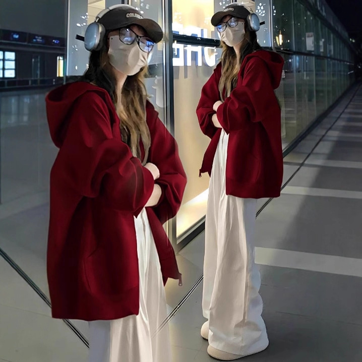 Qingdao Jimo Outwear Women's High-End Burgundy Top 2026 New Year Zipper Cardigan Hooded Sweatshirt Women's Autumn and Winter