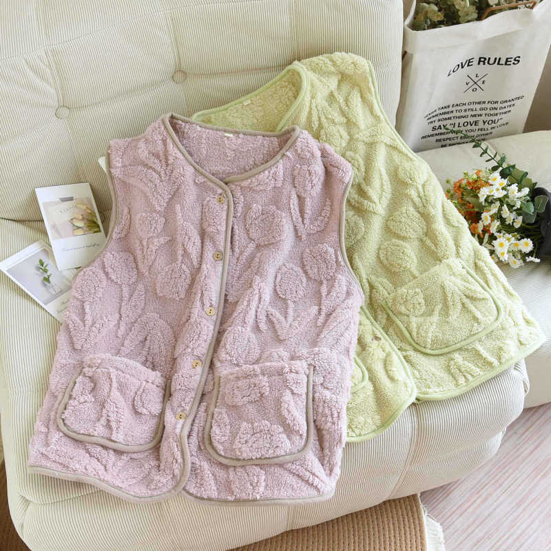 Warm Vest Pajama Top Single Piece for Women, Thickened Flannel Warm Coral Fleece Home Casual Office Jacket