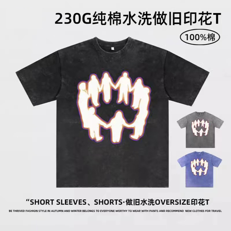 Europa y los Estados Unidos pesados camisetas de manga corta para hombres de verano nuevo cuello redondo suelto oversize americano retro in camisas de moda