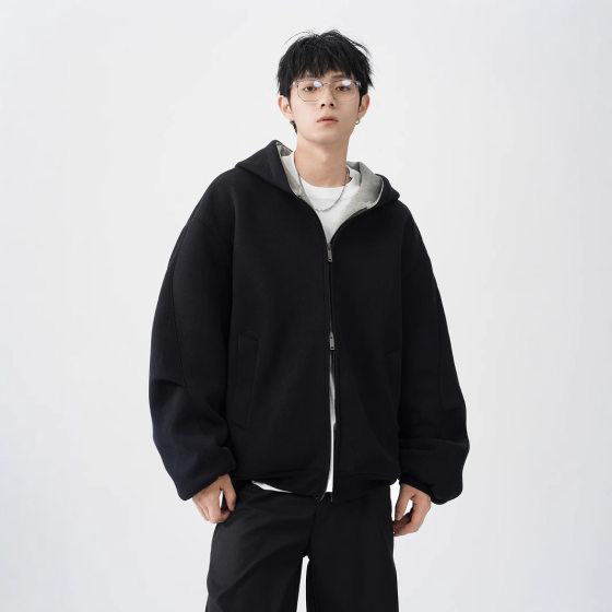 Double Zipper Heavy Cardigan Sweater Men's Trendy Brand Loose Casual Rigid Color Contrast American Style Retro Hoodie Jacket for Boys