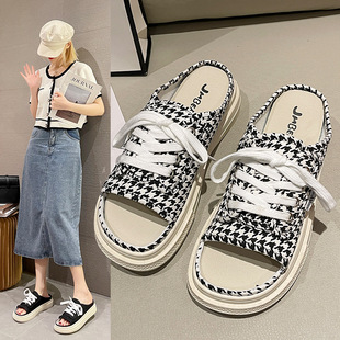 Internet Celebrity Canvas Half Slippers Women's Outfit Instagram Style Trendy 2024 Summer New Arrival Fashionable All-Match One-Thick Slides Sandals and Slippers