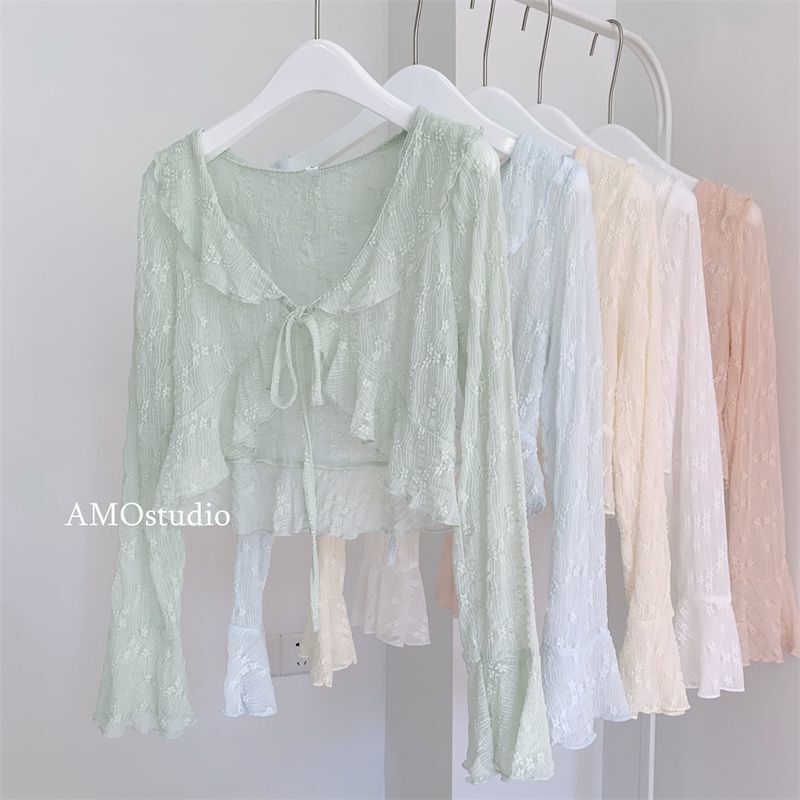 Ruffled Fairy Lace Sunscreen Cardigan Summer Thin Lace-up Outer Blouse Long Sleeve Small Shawl with Skirt