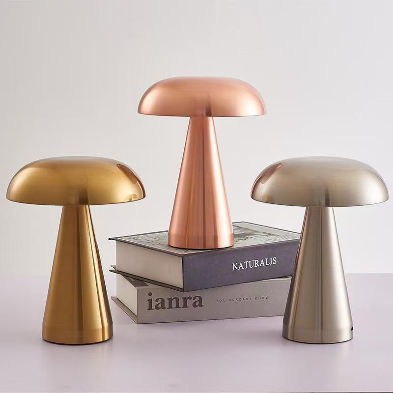 In-Stock Chrome-Colored Mushroom-Shaped Metal Ambient Nightstand Lamp Led Red Three-Color Dimming for Study Room and Bar, Light Luxury