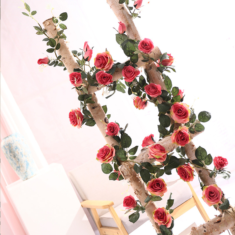 Venta al por mayor decoración de la boda flor artificial vid rosa boda rosa ratán flor artificial vid