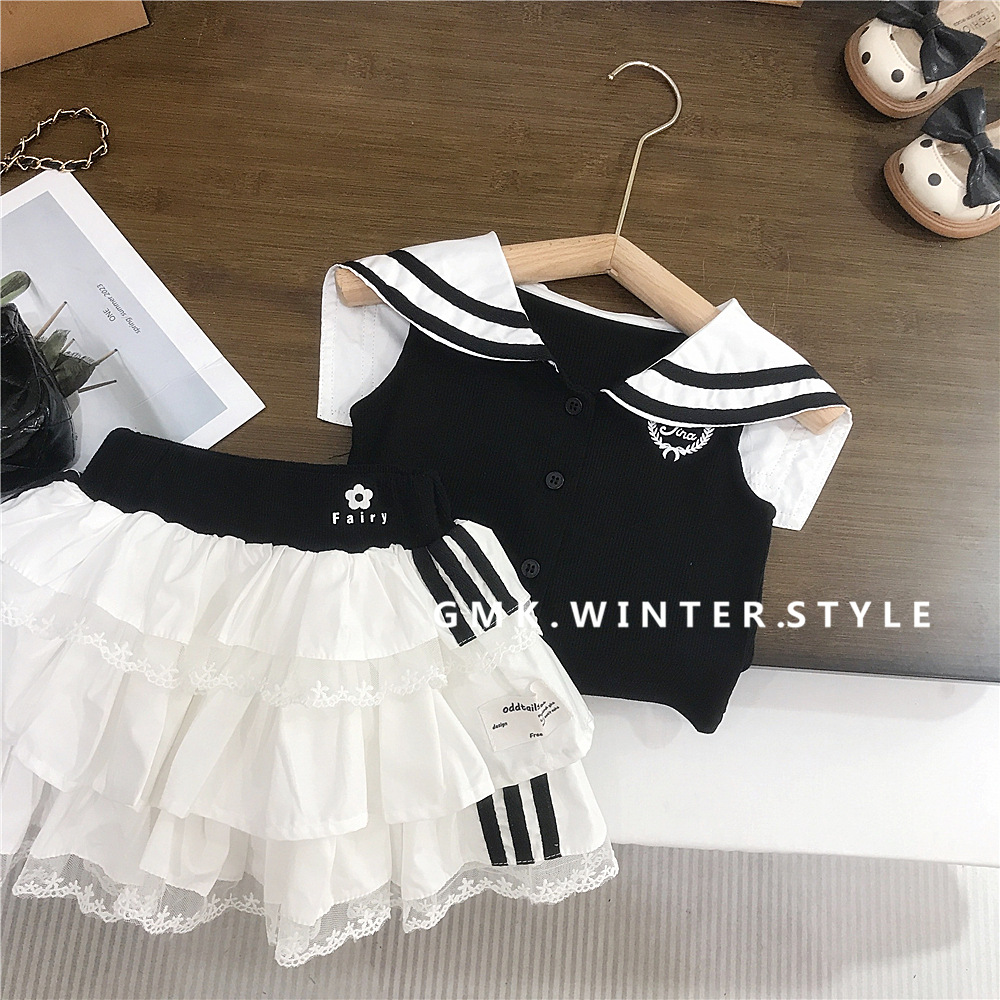 Summer Girls' Fashionable Preppy Style Jk Kidsren's Baby Sweet and Cool Summer Tops Cake Skirt Two-Piece Suit