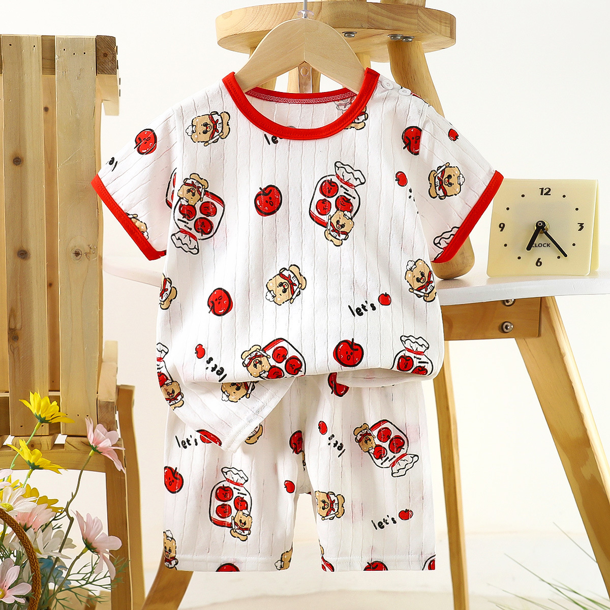 Nuevo traje de bebé de verano de dos piezas de manga corta de algodón para niños, pantalones cortos para bebés, ropa de casa delgada de dibujos animados