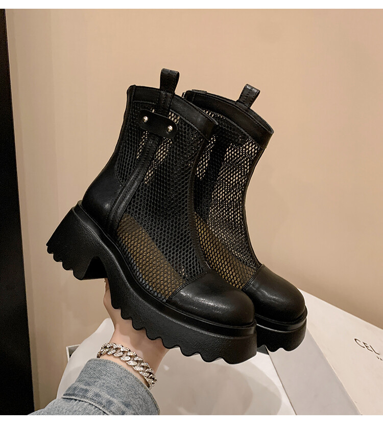 Boot nữ cổ cao đế dày gót bánh xốp da bò lưới thoáng khí xuân hè 2024 — Màu đen, Màu trắng be chi tiết 34