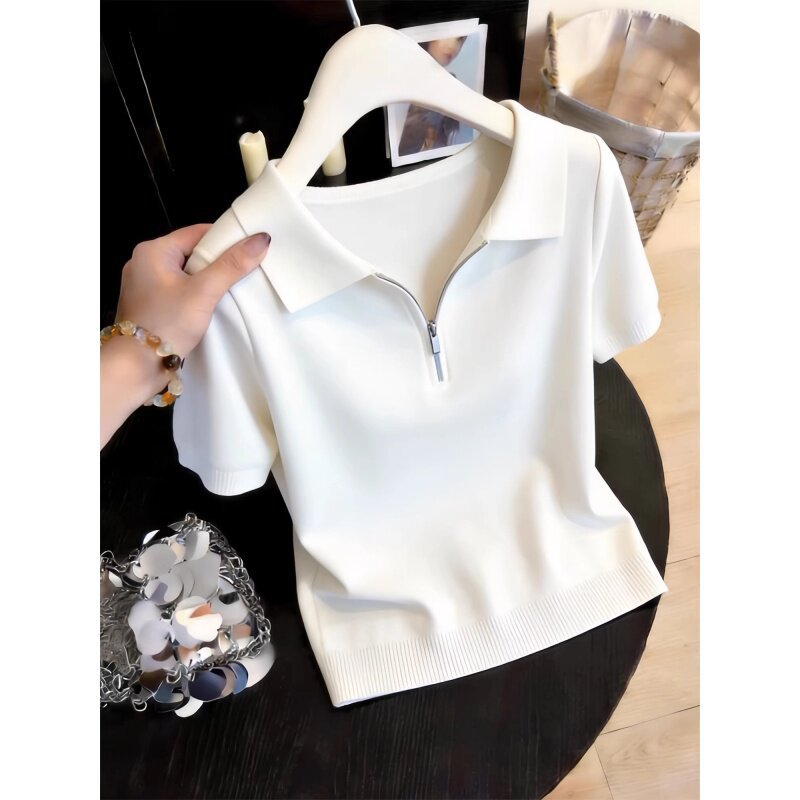 Wen9603 White Polo Collar Half-Zip Short-Sleeve Knit Top for Women, 2026 Summer Design, Slim Fit, Niche Style