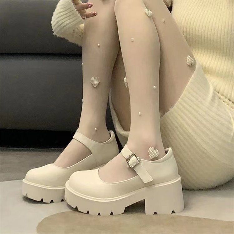 Japanese Style Jk Small Leather Shoes for Women White Thick Sole Heightening Soft Girl Mary Jane Shoes 2024 Spring and Summer Thick Heel Round Toe Shoes