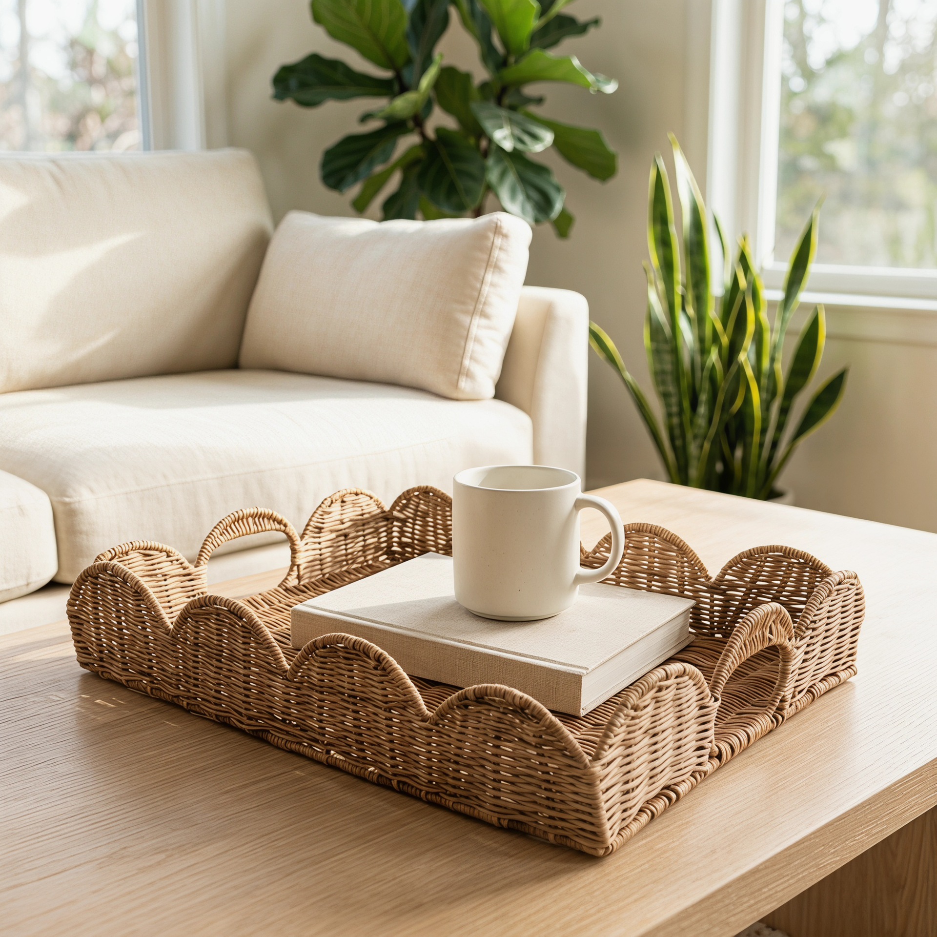 Bandeja decorativa de ratán natural tejido para B&B, bandeja redonda de almacenamiento para el hogar con doble asa, juego de bandejas de ratán tejido