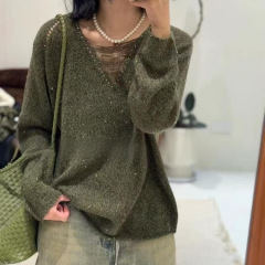 欧洲站2025早秋新款V领长袖纯色宽松百搭针织羊毛衫上衣女打底衫