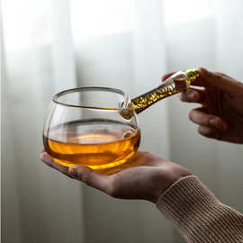 玻璃木把公道杯加厚功夫茶具茶海手工耐热高硼硅玻璃含金箔金边