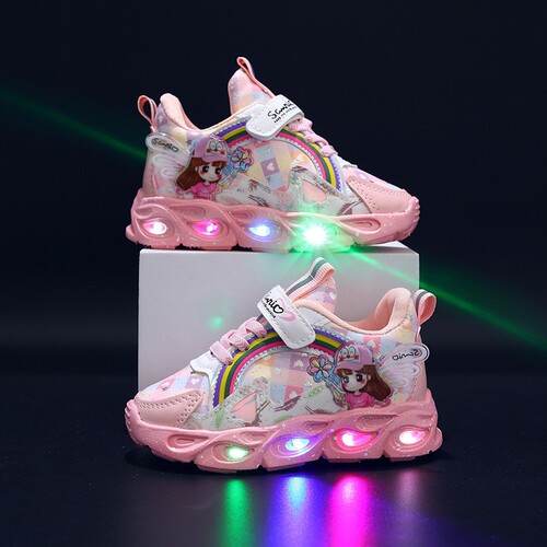 Girls 'shoes with lights Spring and Autumn mesh casual and comfortable children's sneakers, middle children's cartoon glowing children