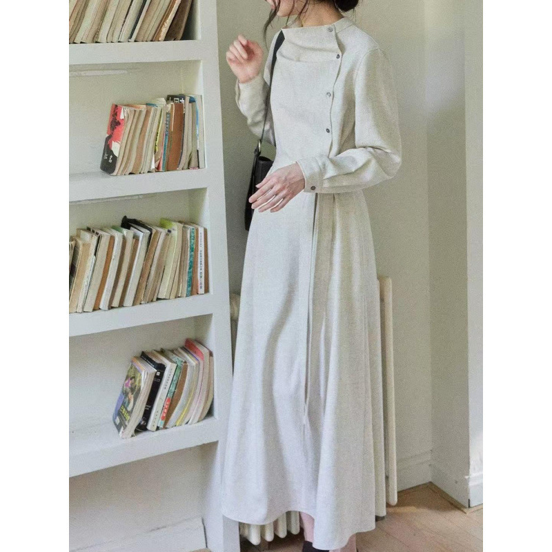 高级感长袖斜门襟连衣裙女秋知识分子风收腰裙|undefined