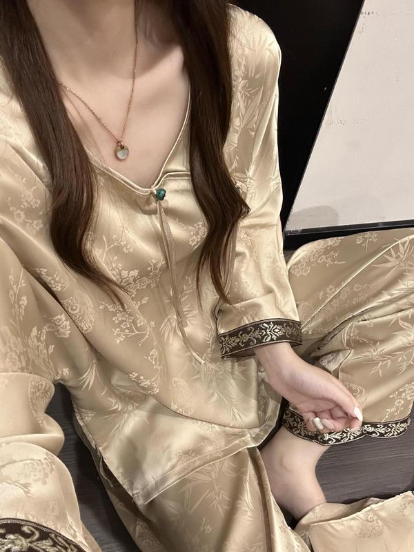 高级轻奢风新中式印花缎面冰丝睡衣女春秋款2025新款家居服套装夏|undefined