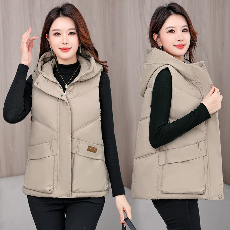 2025 nuevo chaleco de algodón corto de mujer encapuchado otoño y invierno con hombro grueso chaleco de moda extranjera chaqueta